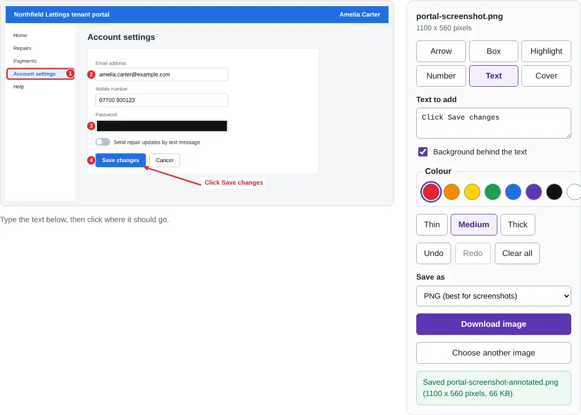 The annotate tool showing a fictional tenant portal screenshot with a box round a menu item, numbered steps 1 to 4, the password covered with a black block, and a red arrow with the text Click Save changes.