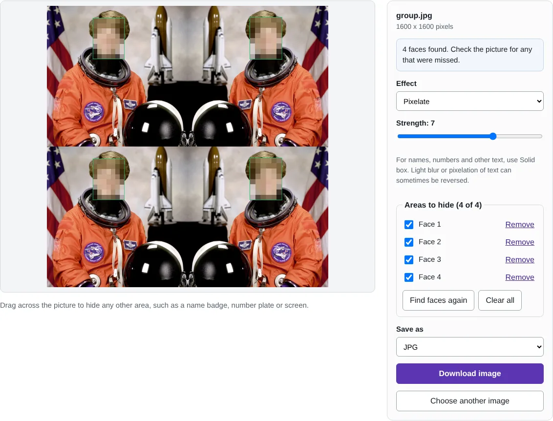 The face blur tool with four faces found in a test image and pixelated, each marked with a box and listed with a checkbox.