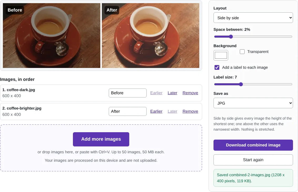 The combine tool showing two coffee photos side by side labelled Before and After, with the list of images and the layout settings.