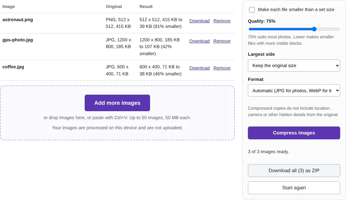 The compress tool listing three images with their original sizes and smaller compressed sizes, and the quality setting at 75%.