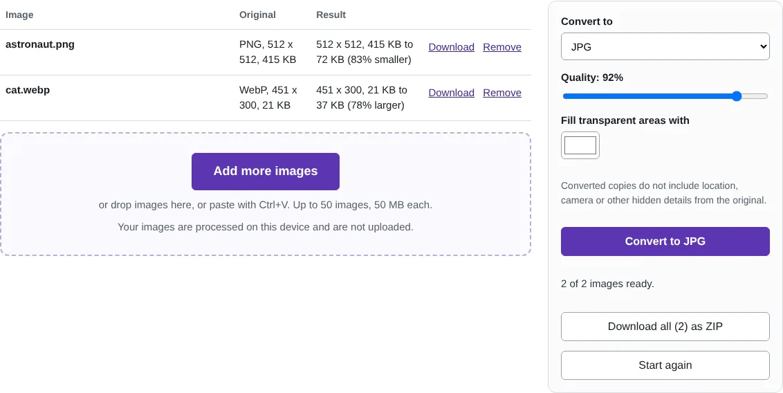 The image converter listing a PNG and a WebP image converted to JPG, with the original and new file sizes.