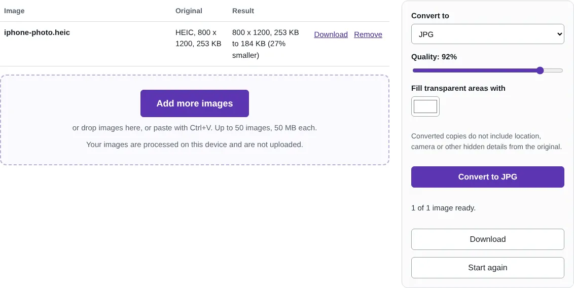 The convert tool listing an iPhone HEIC photo of 800 x 1,200 pixels converted to a JPG of 184 KB, with Convert to set to JPG.