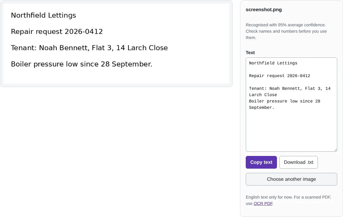 The image to text tool showing a screenshot of a fictional repair request next to the text read from it, with buttons to copy or download the text.