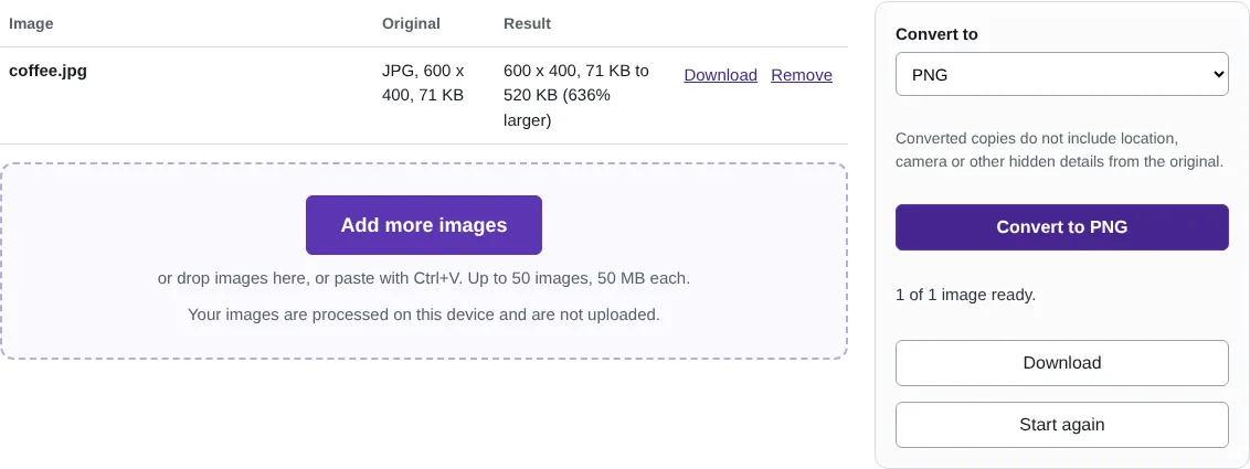The JPG to PNG converter showing a JPG photo converted to a larger PNG file.