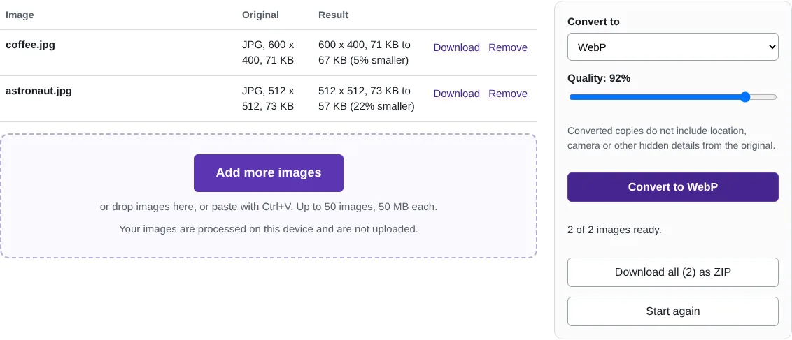 The JPG to WebP converter showing two JPG images converted to smaller WebP files.