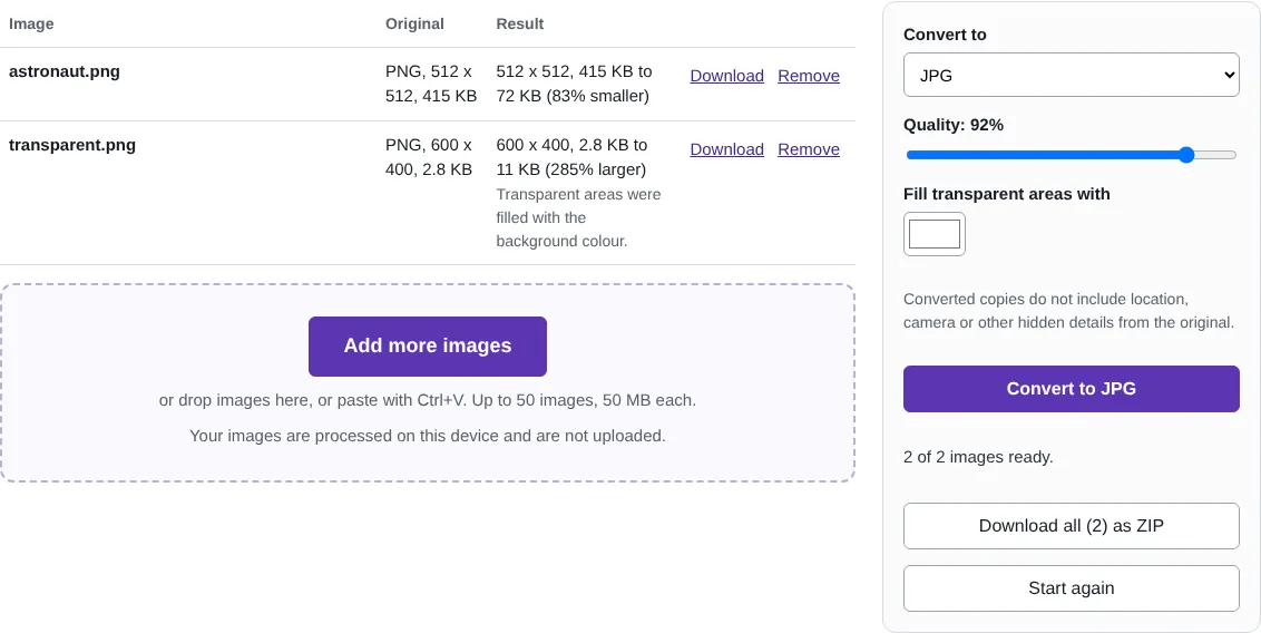 The PNG to JPG converter listing a PNG photo and a transparent PNG converted to JPG, with a note that transparent areas were filled with the background colour.
