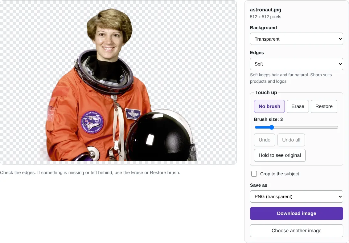 The background remover showing an astronaut portrait cut out on a transparent chequered background, with background, edge and touch-up settings beside it.