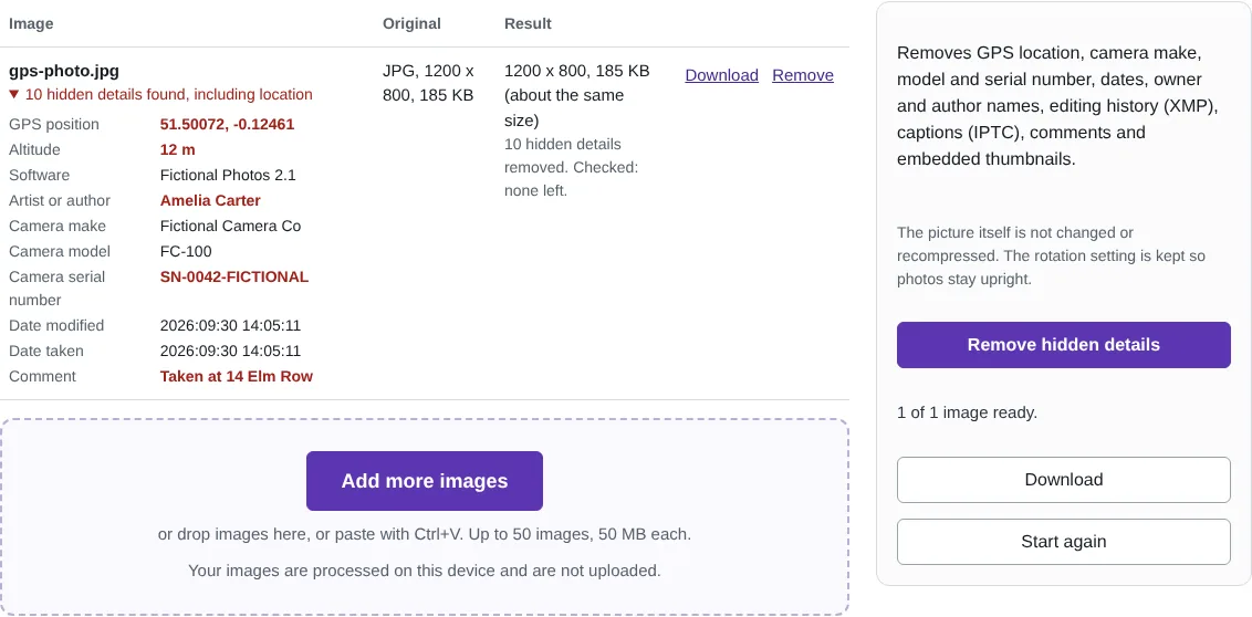 The EXIF removal tool listing the hidden details found in a fictional photo, including a GPS position, the author name and the camera serial number, all removed in the cleaned copy.