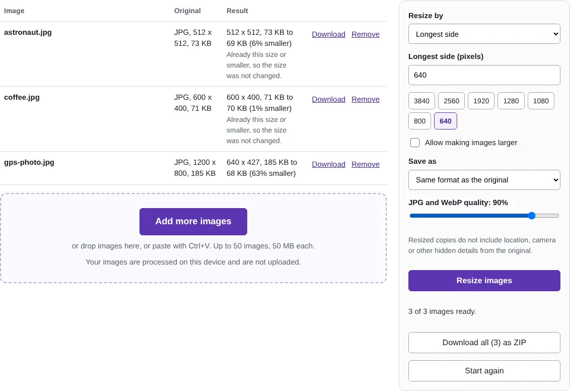 The resize tool listing three images with their original and new sizes, and the longest side set to 640 pixels.
