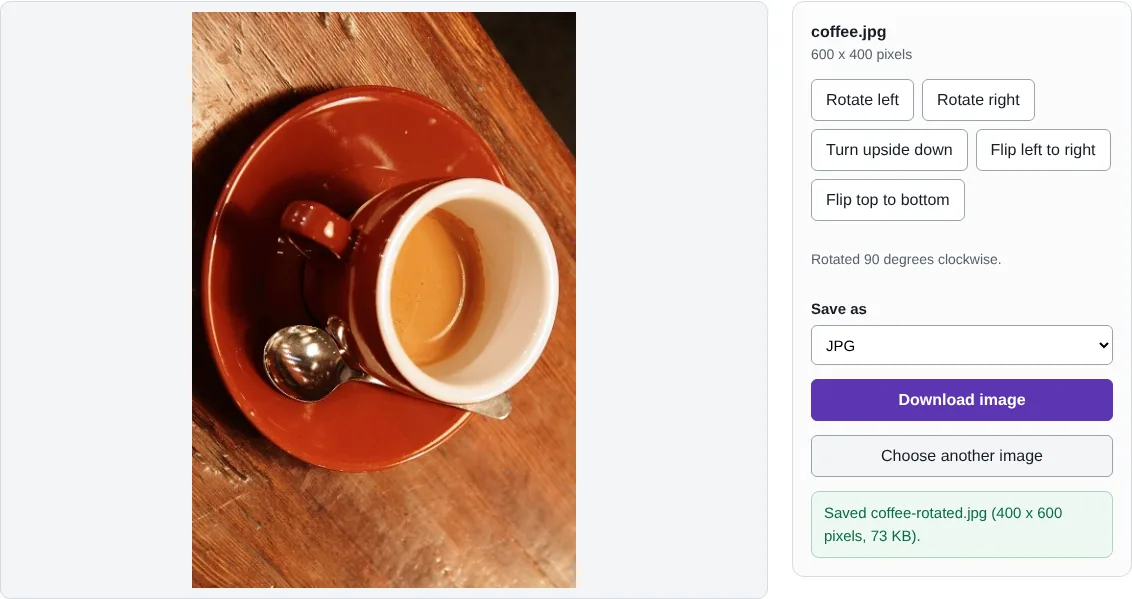 The rotate tool showing a coffee cup photo turned to portrait, with buttons to rotate left, rotate right, turn upside down and flip.