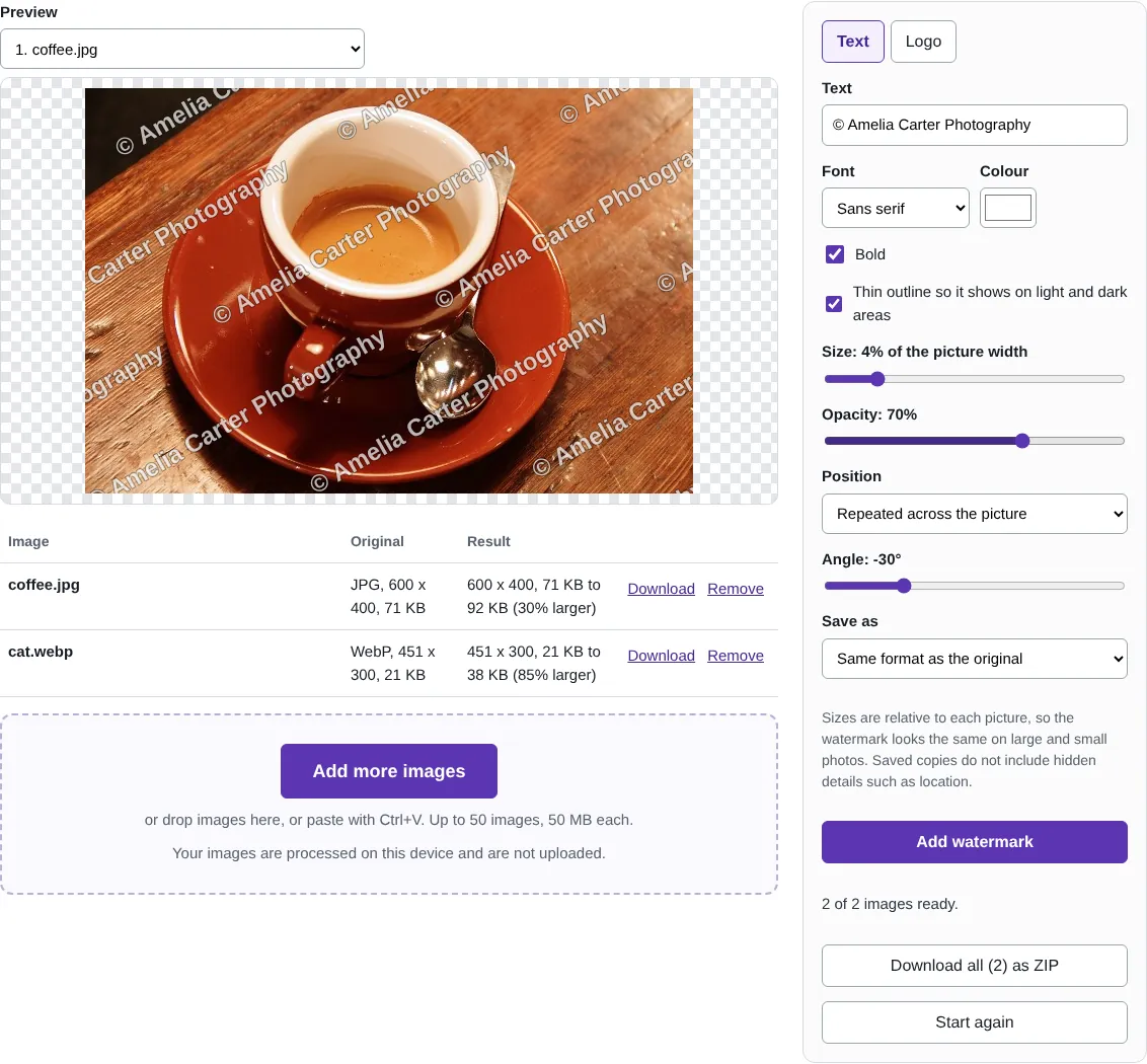 The watermark tool showing a coffee photo with the text Amelia Carter Photography repeated diagonally across it, a list of two images and the text, size, opacity and position settings.
