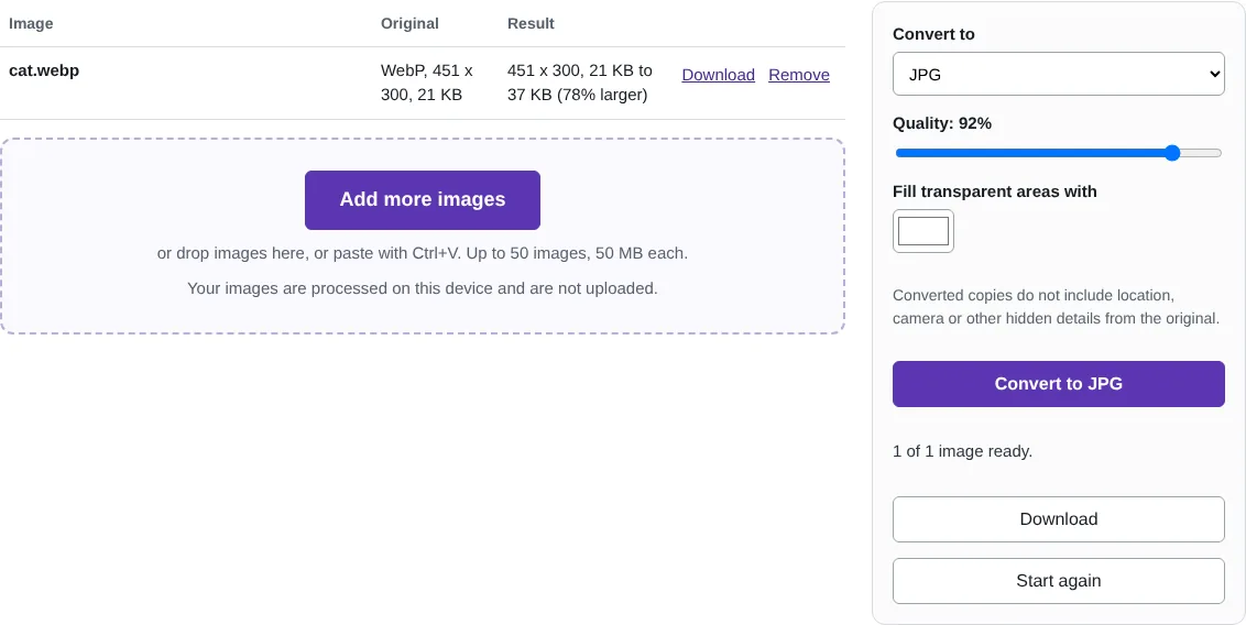 The WebP to JPG converter showing a WebP cat photo converted to JPG.